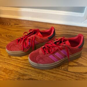 Adidas Gazelle Bold Platform Sneakers, Red with Bright Pink Stripes
